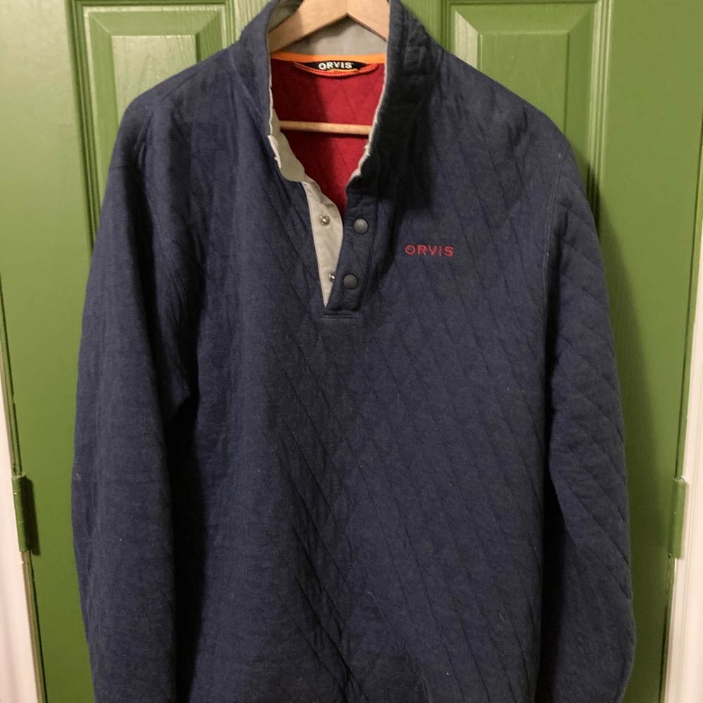 Orvis Blue Quilted Pullover with Red Details